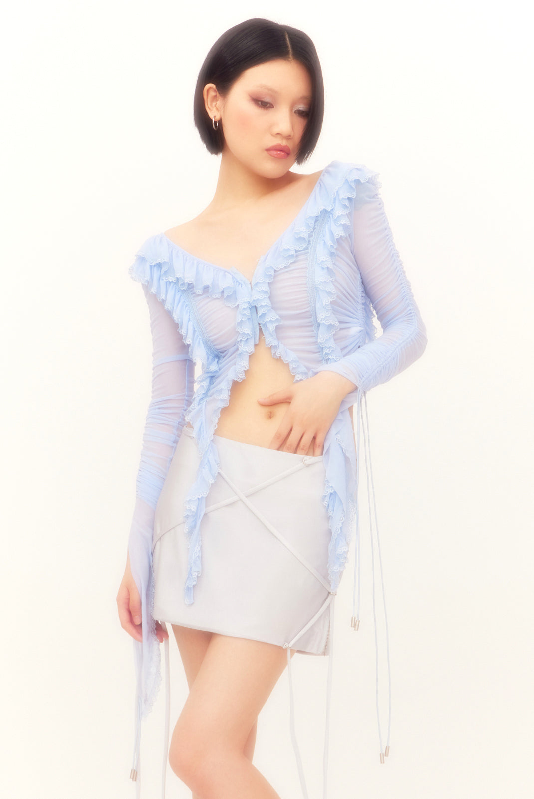 Nodress Baby Blue Lace Trim Ruffled Netting Top